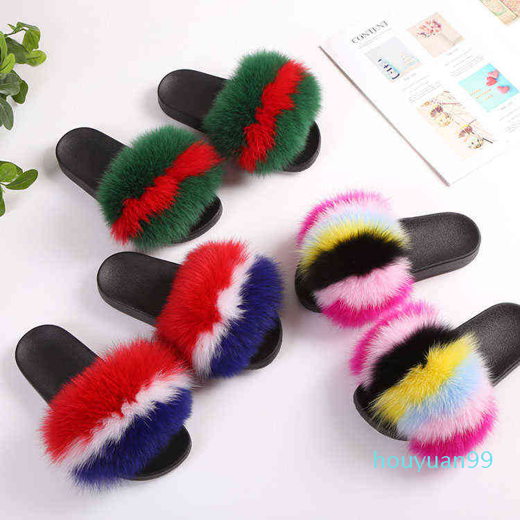 

Hot Sale-NXY Slippers Kids House Indoor Girls Cute Real Fox Fur Slides Flat Sandals 220125, Colorful 3