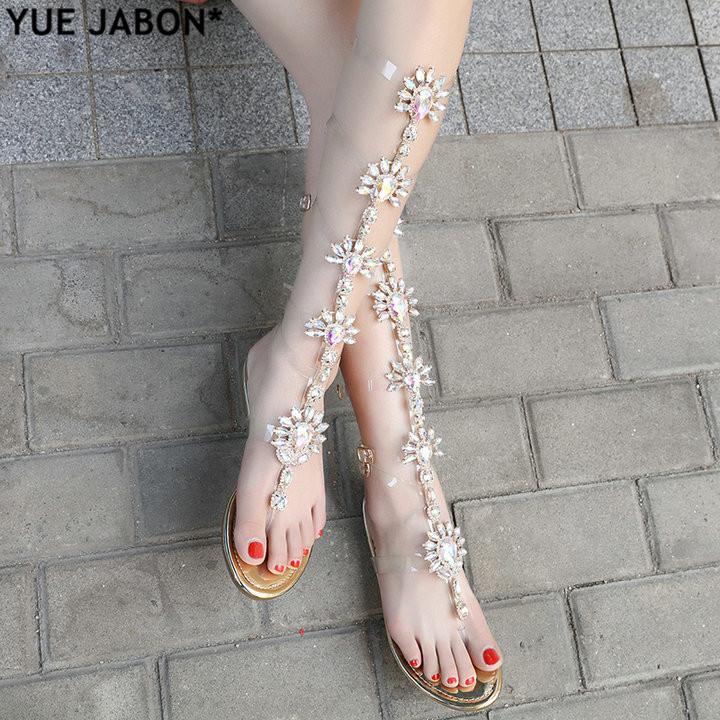 

Sandals YUE JABON Sexy Woman Summer Flat Gladiator Gold Rhinestone Knee High Shoes Bohemia Style Crystal Beach Big Size 43, As pic
