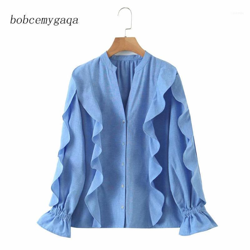 

Flare Sleeve Ruffled Shirt Blouse Women Long V Neck Vintage Button Up Streetwear, Blue
