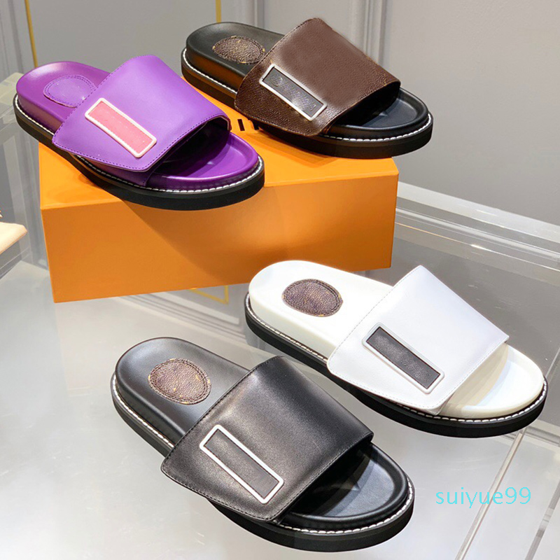 

2022 summer High quality slipper Flat heels man Womens Unisex Sandals Slides Genuine leather shoe Casual Women shoes fashion Designers slipp, Black