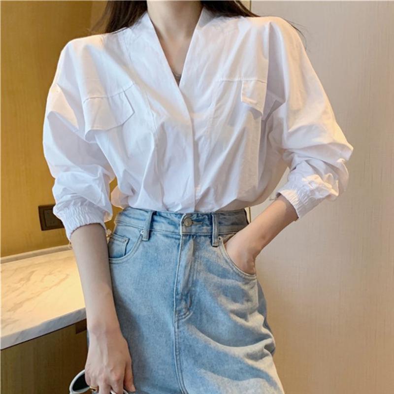 

Women' Blouses & Shirts HziriP 2022 White Vintage V-Neck -L Women Office Lady Elegant Loose Tops Full Sleeves Stylish Plus Size Autumn, Photo color