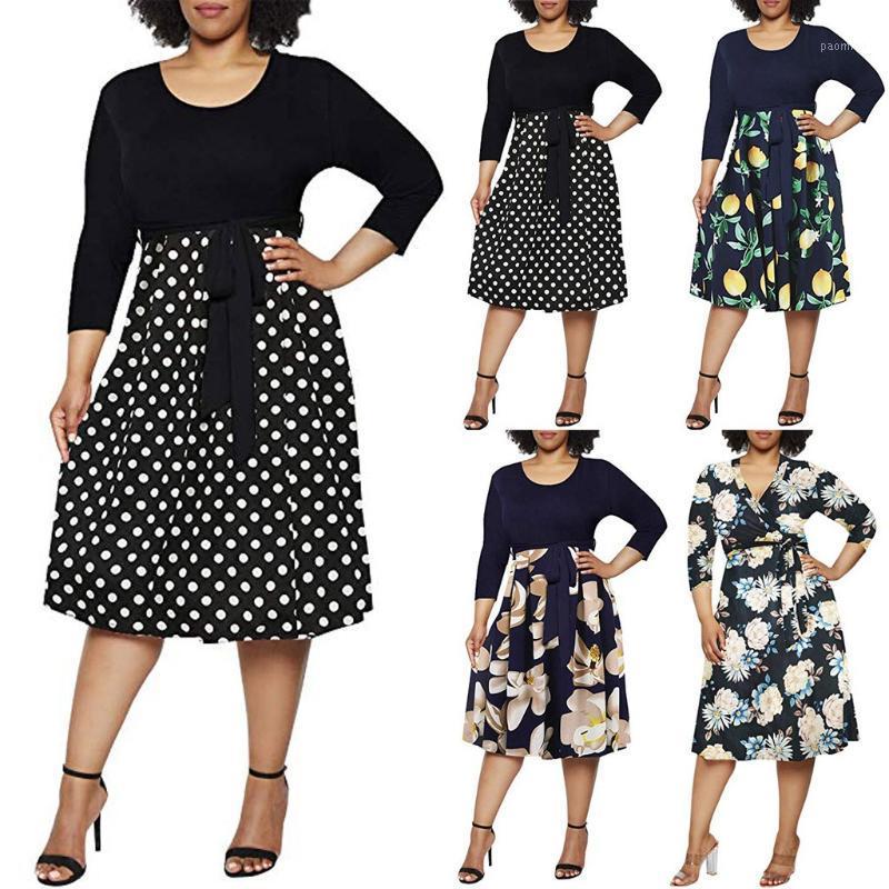 

Casual Dresses Fashion Women Plus Size Floral Print O-Neck Long Sleeve Bandage Dress Independent Station Supplier Lovely, Black