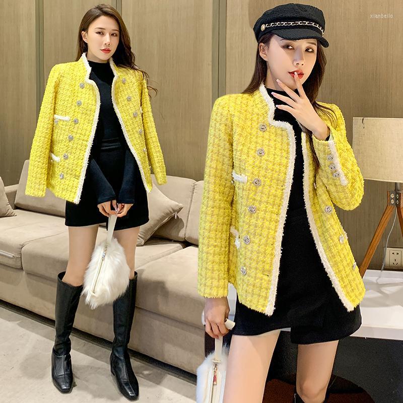 Women's Jackets High Quality Autumn Fashion Women Stand Collar Plaid Yellow Tweed Jacket Pearls Double Breasted Vintage Elegant Female Coat