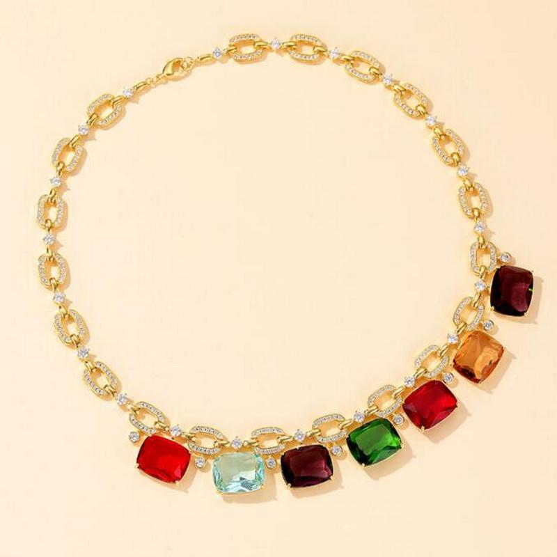 Pendentif Colliers Europe Amérique Mode Fine Jewellery Femmes Lady Inlay Couleur Zircon Sept Pendentifs Carrés Plaqué Or Chaîne CollierPend