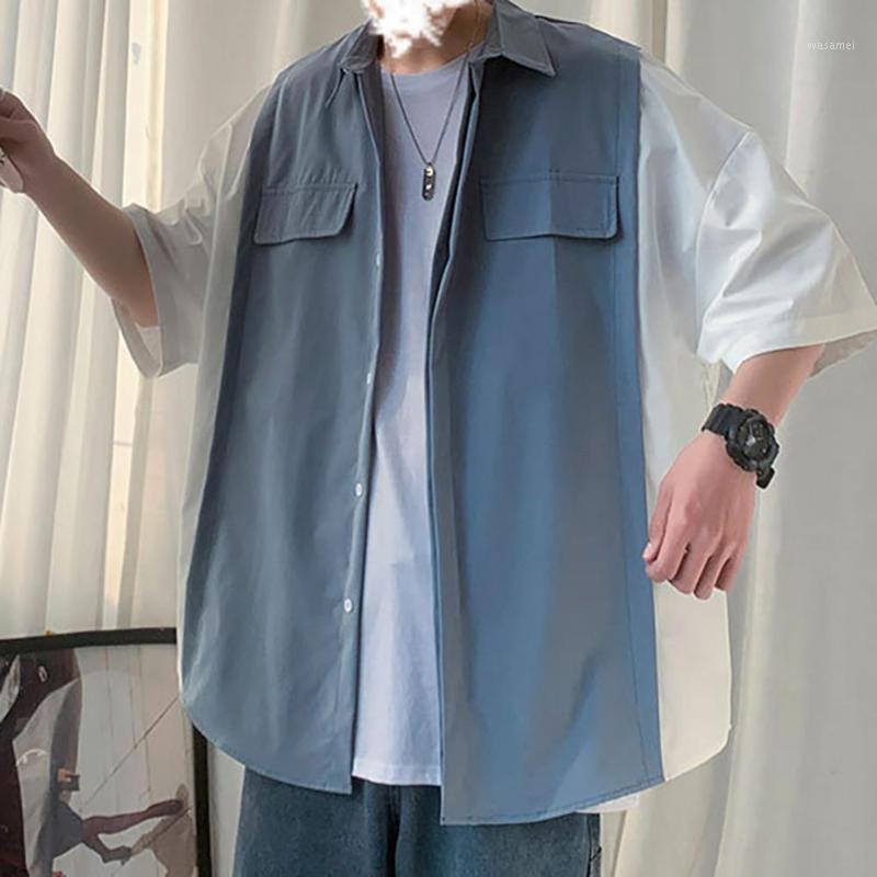 

Men Casual Fashionable Fake Two Pieces Oversize Turn Down Collar Half Sleeves Shirt Top Chemise Homme 2XL Men's Shirts, Blue