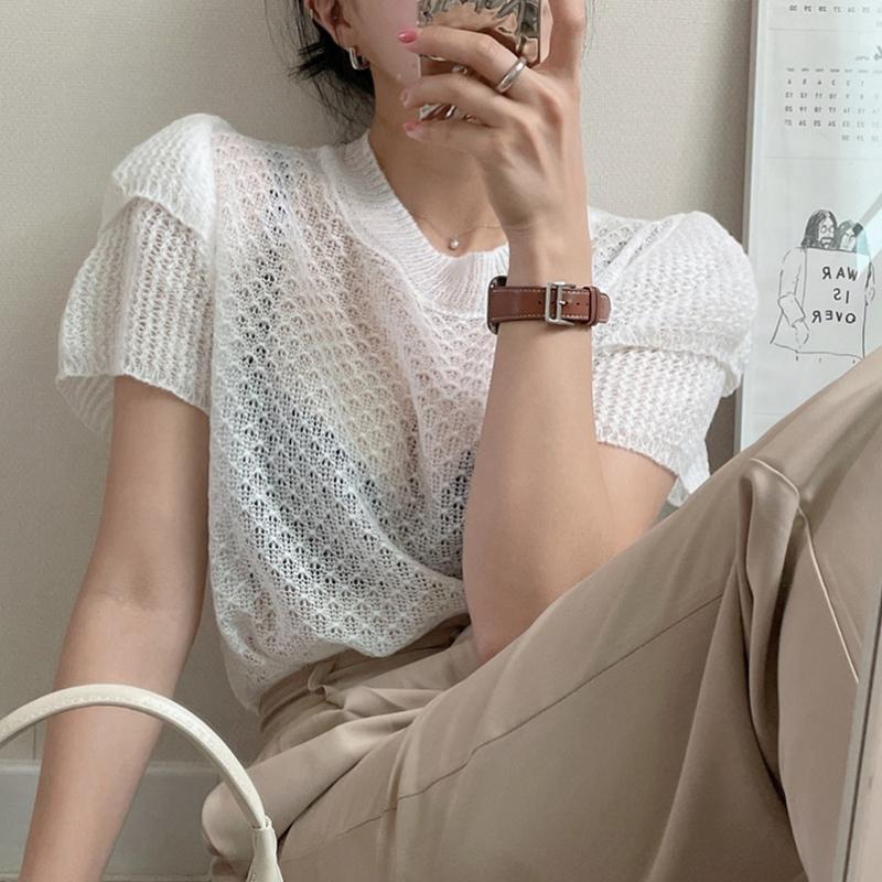 

Women's Blouses & Shirts Chic 2022 Summer Women Puff Sleeve Knitted O-neck Korean Loose Elegant Fashion Female Ladies Causal T509Women's, Gray