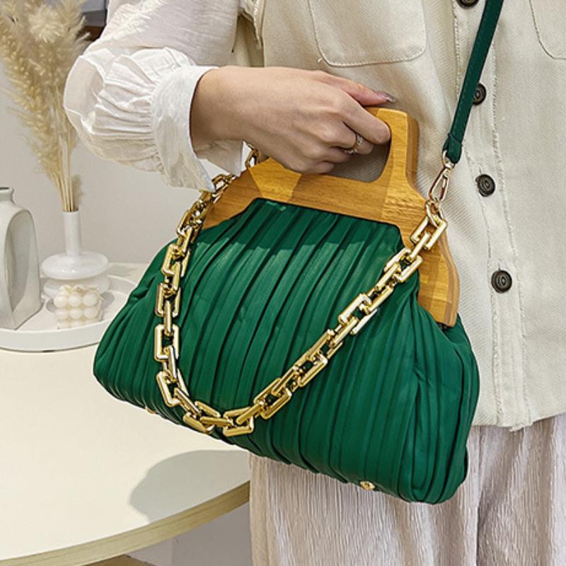

Evening Bags Famouse Brand Handbag With Thick Chain Wood Handle Designer Pleated Shoulder Bag For Women Clutch Purses Crossbody Long Belt, White