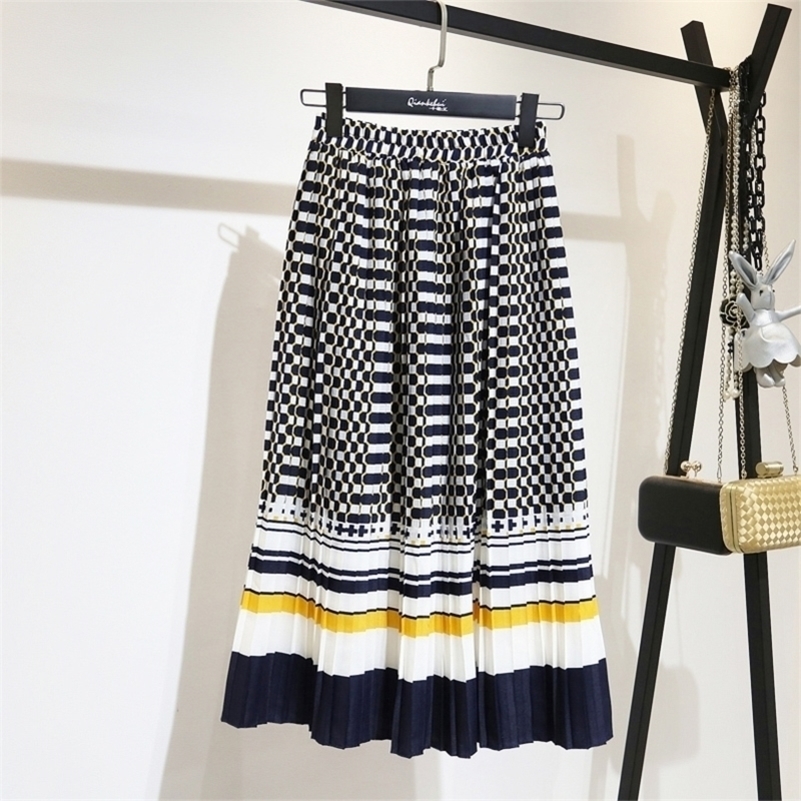 

LANMREM spring Fashion Black White Dot Contrast Color Pleated Elastic High Waist Skirt Allmatch Females Bottoms Y29 Y200326, Blue