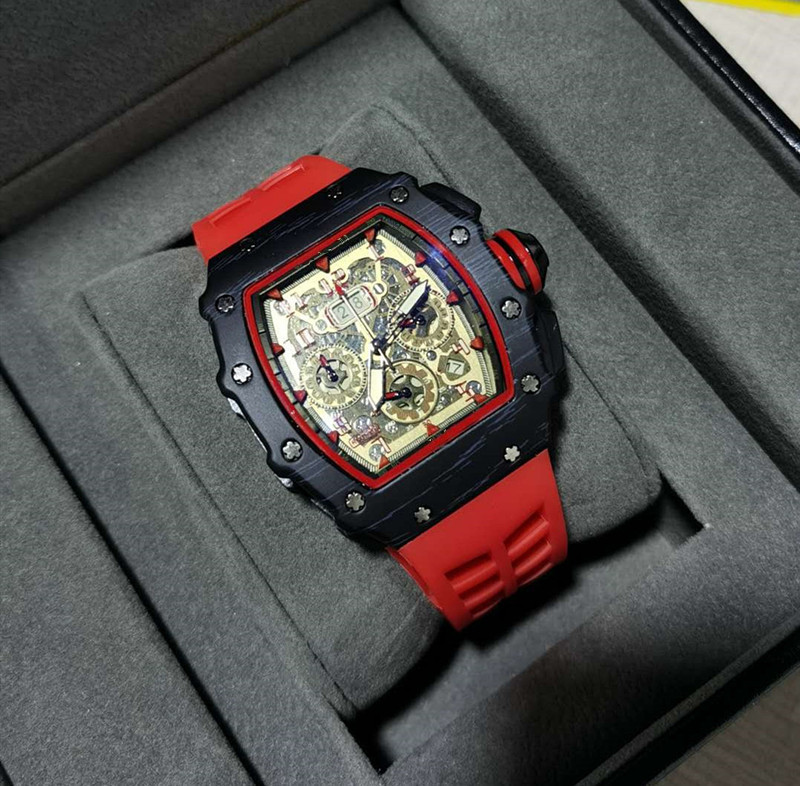 

3A 6-pin men's high quality diamond quartz watch hollow glass back stainless steel case watch black rubber