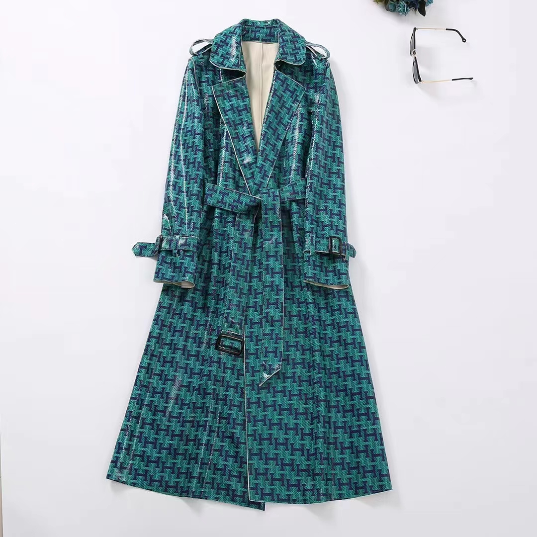 

Trench Coats European and American women' clothing winter new Long sleeve suit collar letter print Fashion belt suede trench coat, Green