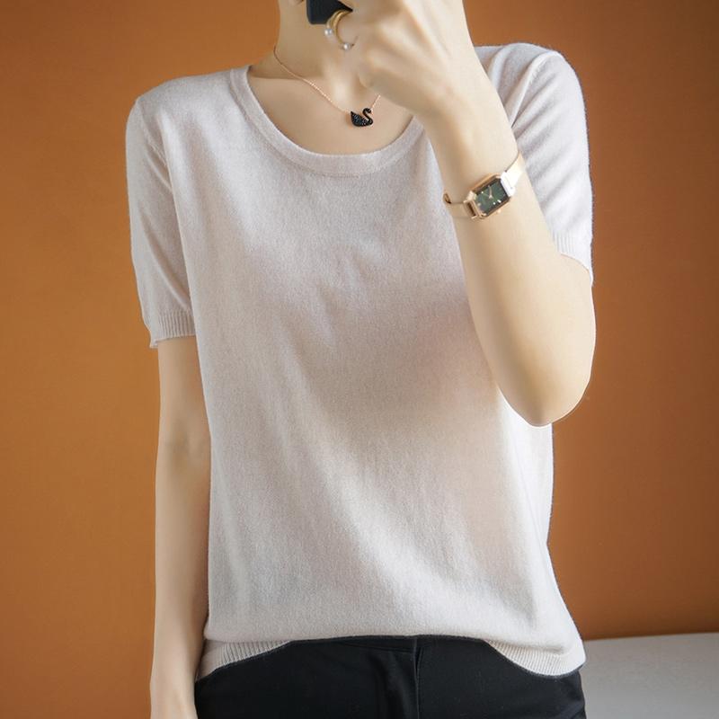 

Women's T-Shirt Silk Solid Color Tops Women 2022 Classic Summer Wild T-shirts Female Basic Loose Fashion O-neck Short Sleeve High-grade Shir, Auburn