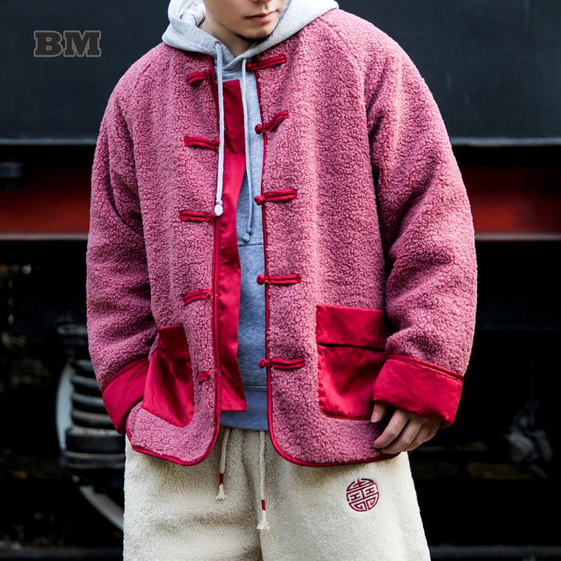 

Men's Down & Parkas Chinese Style Contrast Color Lamb Wool Coat Winter Warmth Fleece Tang Suit High Quality Plus Size Retro Jacket Men Cloth, Beige