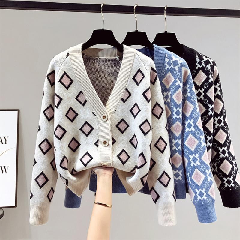 

Women's Knits & Tees Knitted Plaid Cardigan Women Autumn Korean Fashion V-neck Long Sleeve Loose Sweater Female Casual Vintage Chompas Para, Black