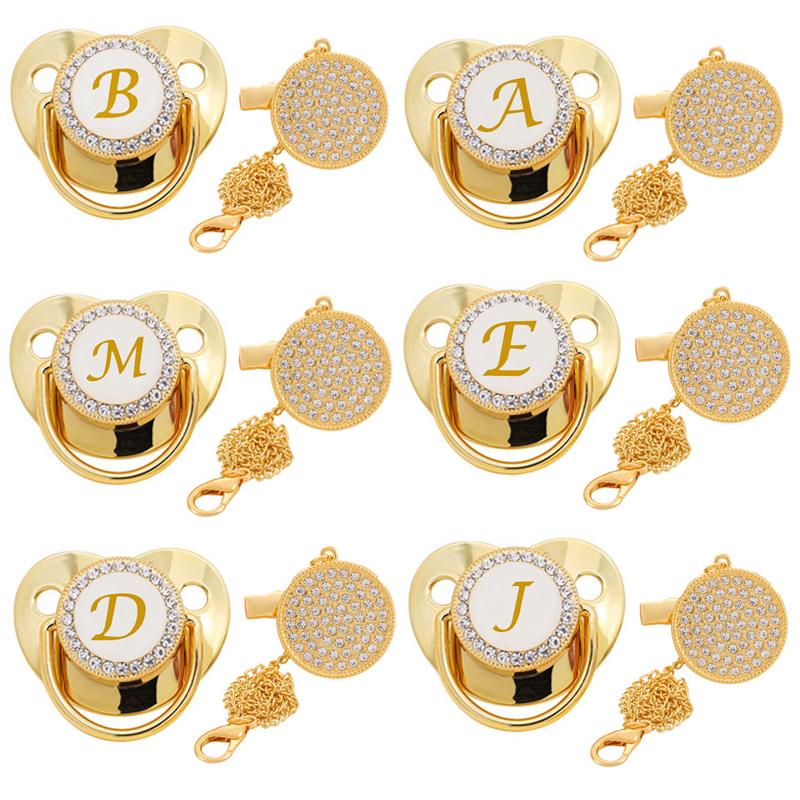 

Pacifiers# Initial Letter Baby Pacifier And Clips BPA Free 26 Letters Name Silicone Infant Nipple Gold Bling Born Dummy SootherPacifiers#