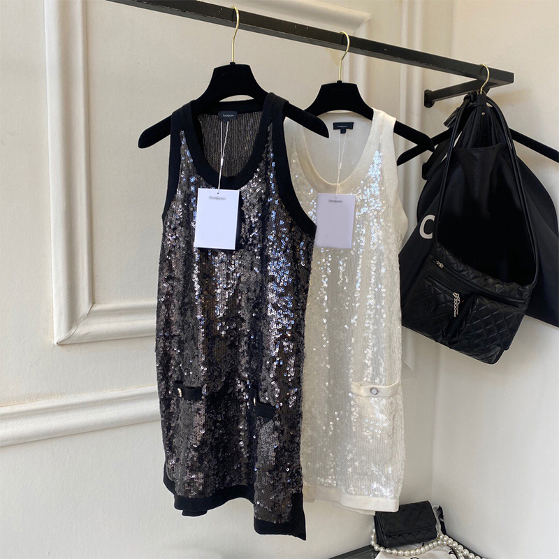 

2022 Runway Fashion Sequined Round Neck Lady Dress Women Summer Sleeveless Soild Mini Dresses, Black