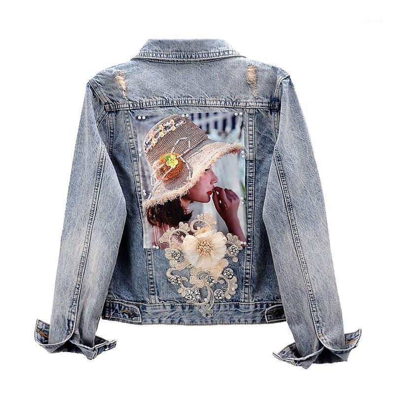 

Women' Jackets Spring Autumn Denim Jacket Diamond Flower Long Sleeve Jeans Girl Short Outwear Vintage Cowboy Tops Female, Light blue