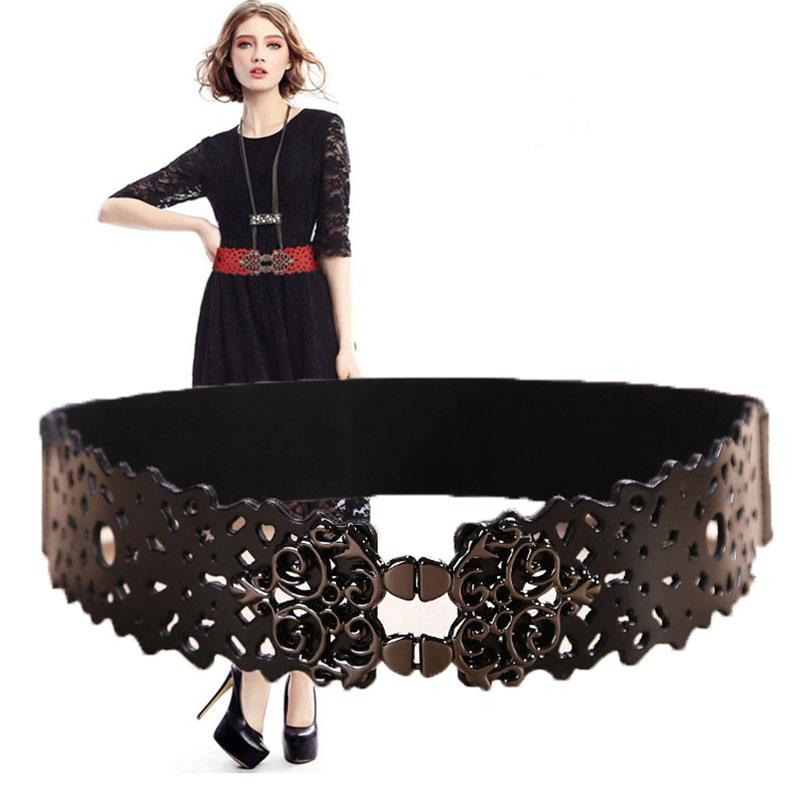 

Belts Fashion Hollow-out Dresses Wide Belt For Women Genuine Leather Elastic Waistband Female Vintage Cowskin Ceinture Femme, Black