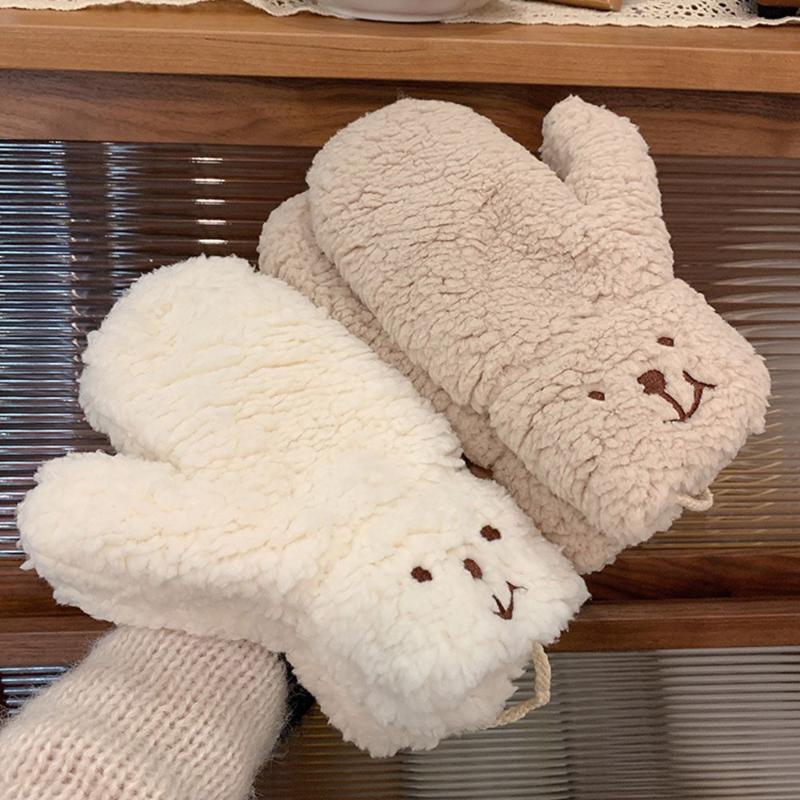 

Five Fingers Gloves 1Pair Winter Plush Cute Bear Warm Thicken Hanging Neck Mittens Solid Color