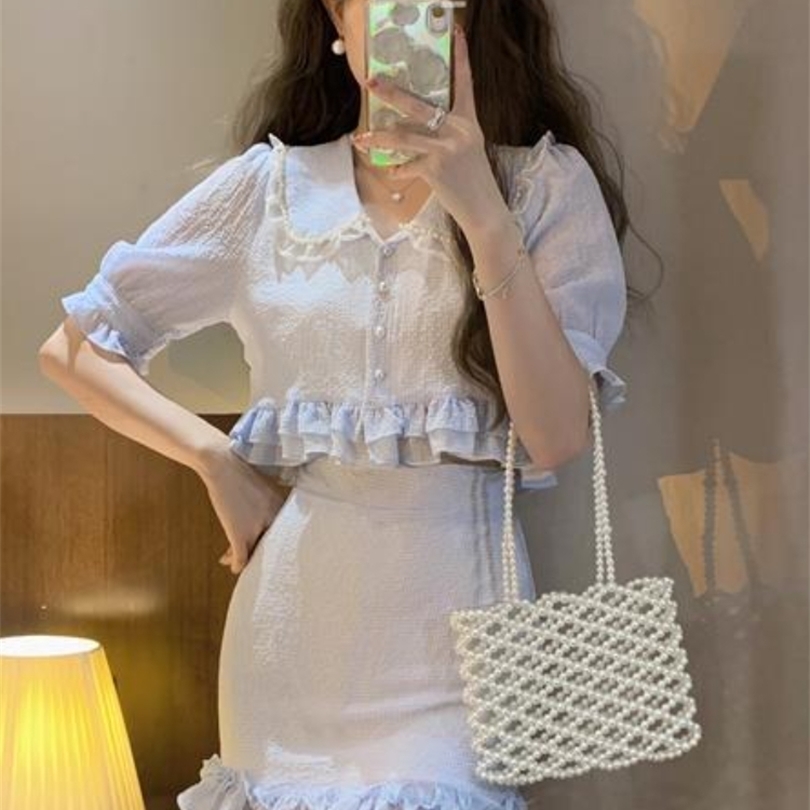 

Summer Chiffon Pearls Sweet Two Piece Set Women Korean Lace Ruffle Flounce Kawaii Mini Skirt Set Female Slim Fit Party Suit 220510, Blue
