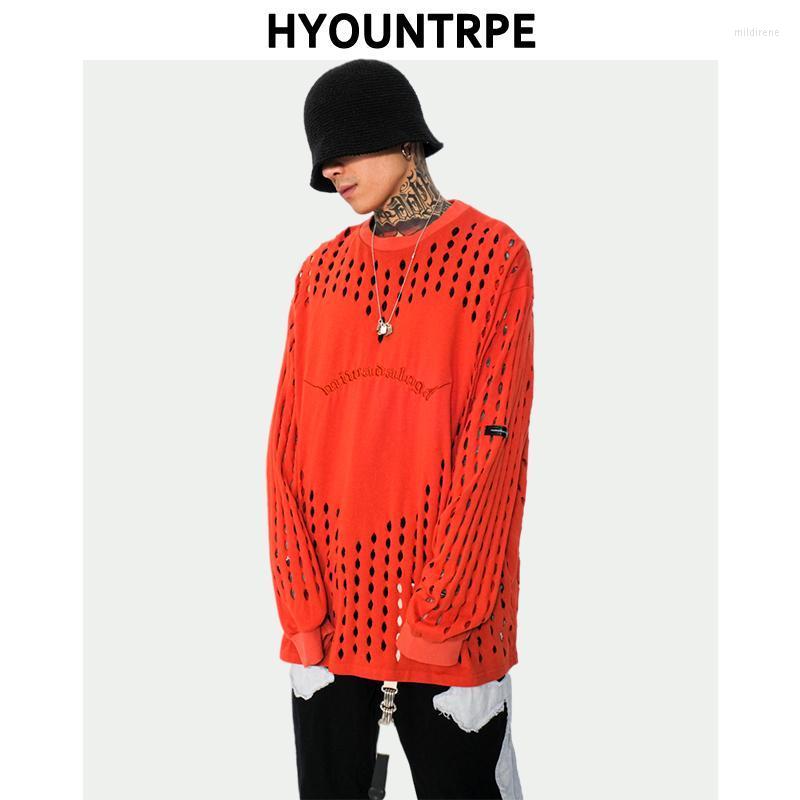 

Men's T-Shirts Harajuku Ripped Holes T Shirt Men Casual High Street O-neck Long Sleeve Streetwear Tshirt Tops Loose Hip Hop Hipster ShirtMen, Black