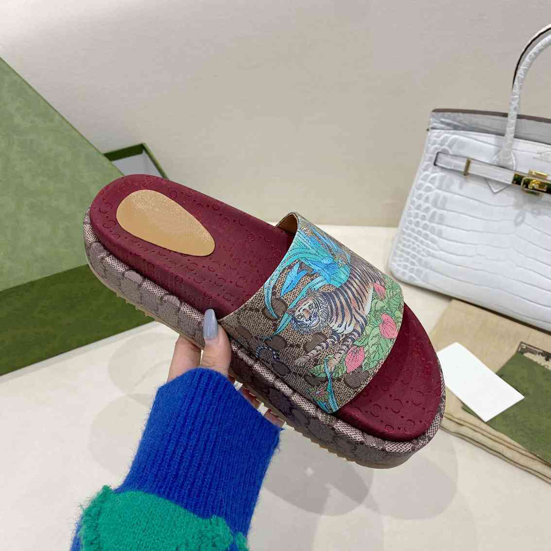 

Women platform slide sandal designer slippers fashion summer embroidered canvas floral animal pattern heightening sliders scuffs sandal with box size 35-43