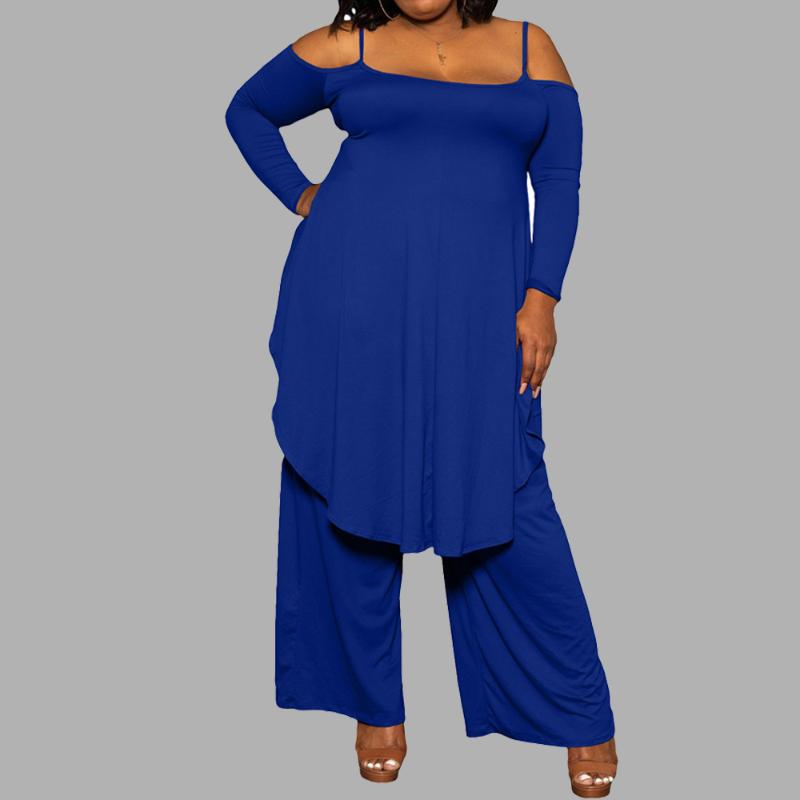 

Women's Plus Size Tracksuits Trendy Women Clothing Two Piece Sets Sexy Sling Strapless Long Sleeve Irregular Tops Pants Suits Wholesale, Black