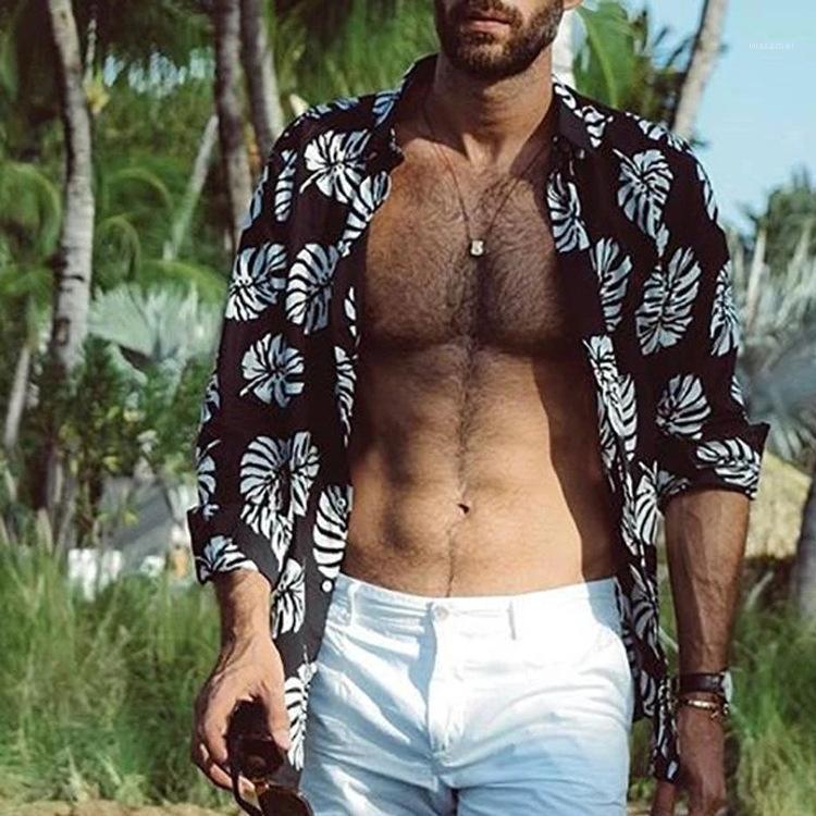 

Hawaiian Printed Shirt Men Casual Men' Short Sleeve Button Print Beach Loose Blouse Top Streetwear Camisa Masculina Shirts, Black