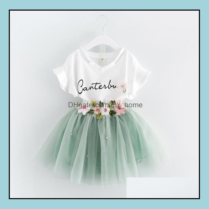 Vêtements Ensembles nouveaux filles d'été Set Baby Kids Letters Tshirt en coton et broderie en dentelle de fleurs