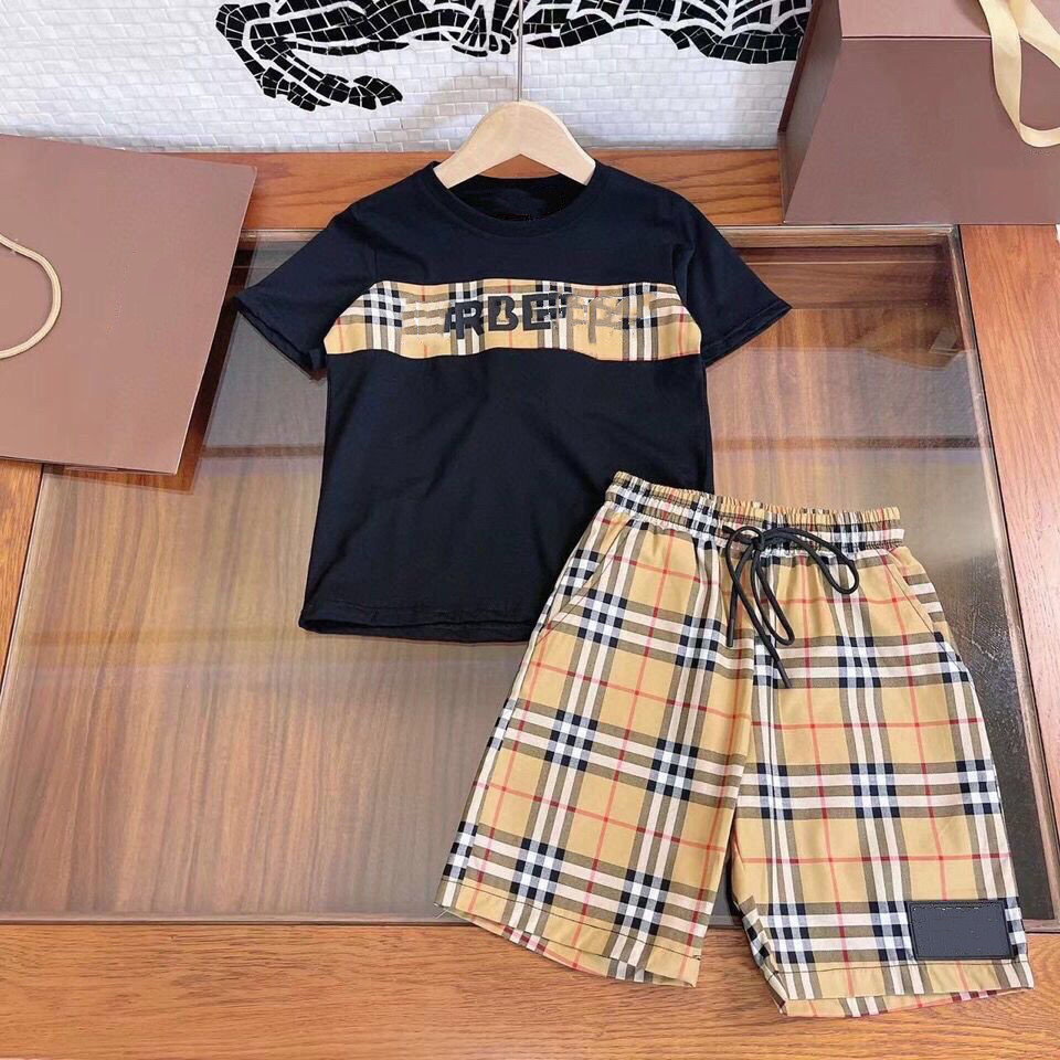 

Childrens Set Suit Boys Girls Sets Kids Short Sleeve T-shirt Child Designer Clother Sports With letter Lattice Cotton White Black -160