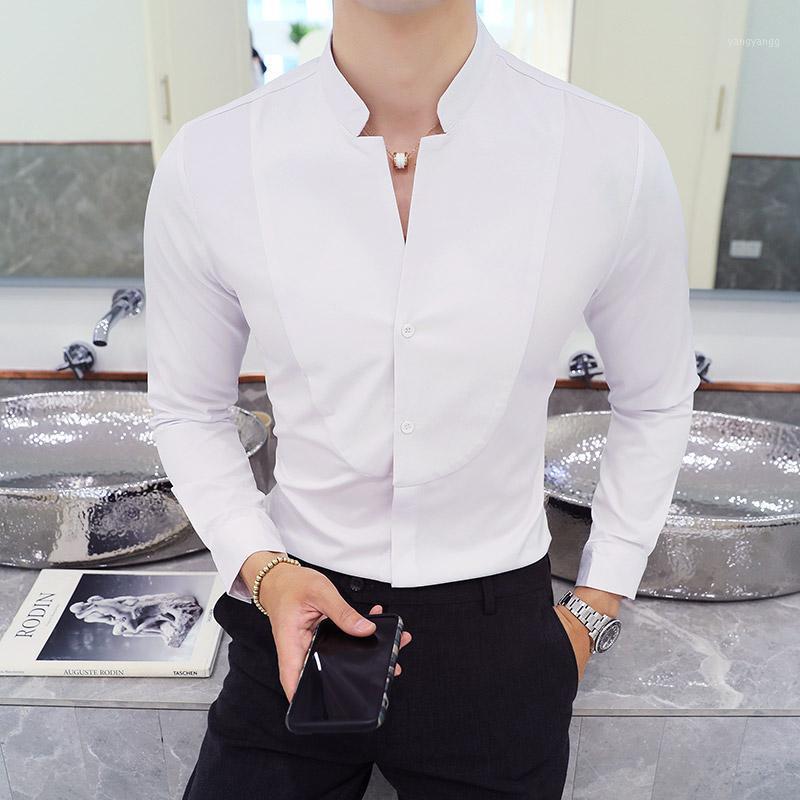 

Men's Casual Shirts 2022 Nightclub Work Shirt Solid Color , Fashion V-neck White Mens High-quality El Waiter Slim Men, Red