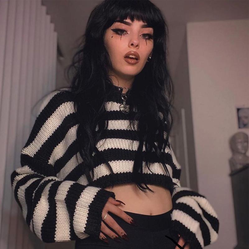 

Women' Hoodies & Sweatshirts Spring Autumn Loose Casual Women Sweater Black White Stripe Pattern Round Collar Knitted Crop Tops Fashion Sty