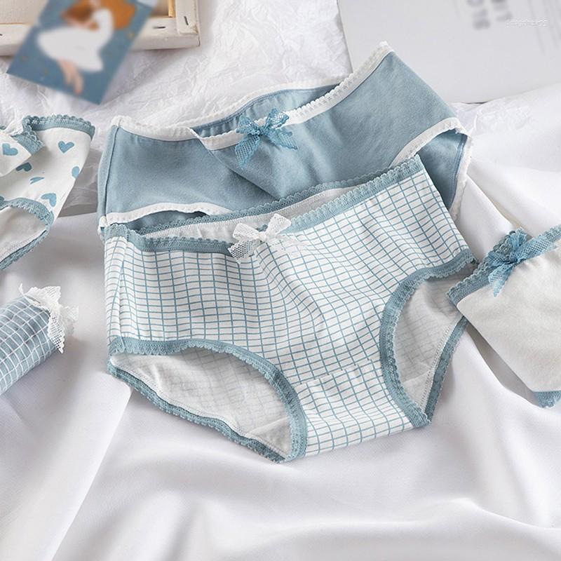 

Women's Panties Girl Underwear Crotch Breathable Mid-waist Briefs Fashion Fog Blue Mesh Love