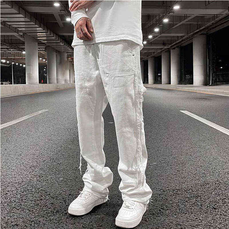 

Men's Jeans Hip Hop White Flared Pants Loose Sides Cat Whiskers Casual Loose Jeans Men and Women's Pants Y2k Pants Ins T220726, B-white