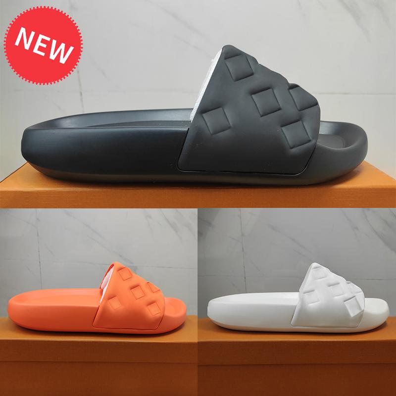 

Newest Waterfront Embossed Mule Rubber Slide men women slippers luxury sandal white black blue olive orange beach slipper flat mens designer shoes with box