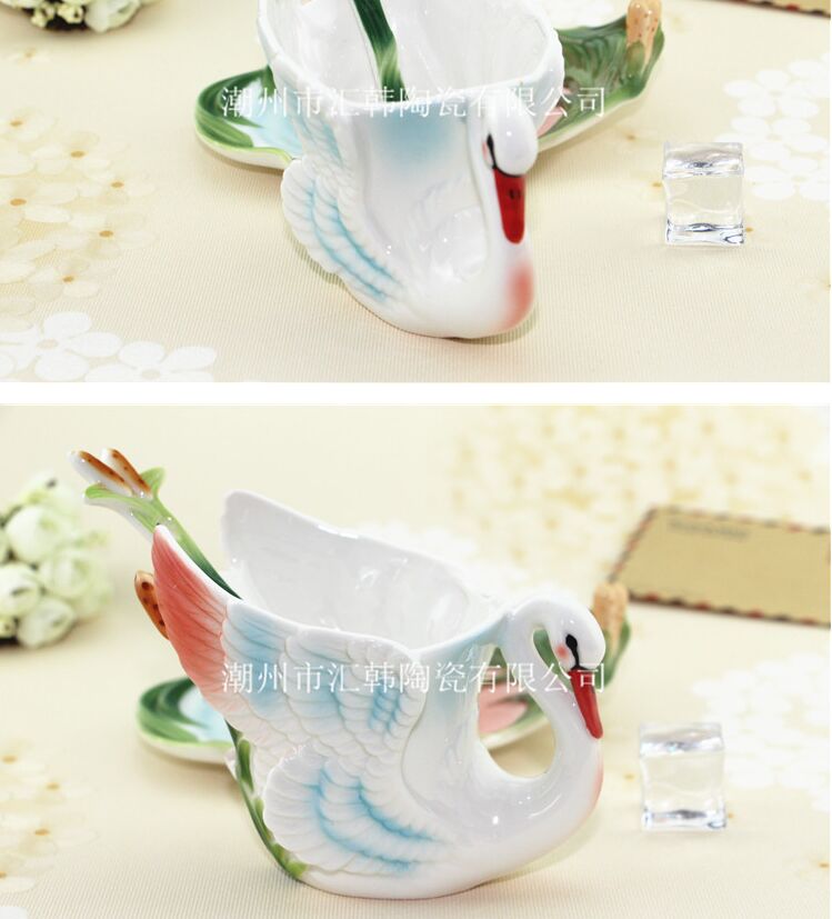 

Tea Cups set High-grade White Swan Animal Enamel coffee Mug And Dish Creative Handmade Porcelain Drink Milk Saucer Spoon Set 160ml