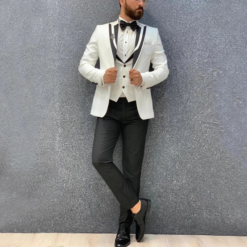 New White Jacket Vest With Black Pant Costume Men Suits 3 Pieces Flat Slim Fit Tuxedos Black Peak Lapel Wedding Terno Masculino