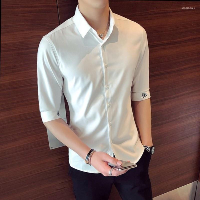 

Men's Casual Shirts Summer Men Business OL White Korean Style Slim Three Quarter Sleeve Tops Single Breasted Embroidered ShirtsMen's Eldd22, Black