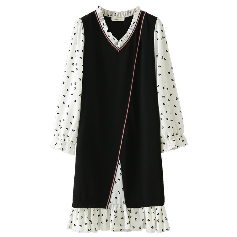 

Plus Size Dresses Woman Autumn Dress Lady One-Piece Female Long Sleeve Ruffle V-Neck Loose Print Clothing /4XLPlus, Black