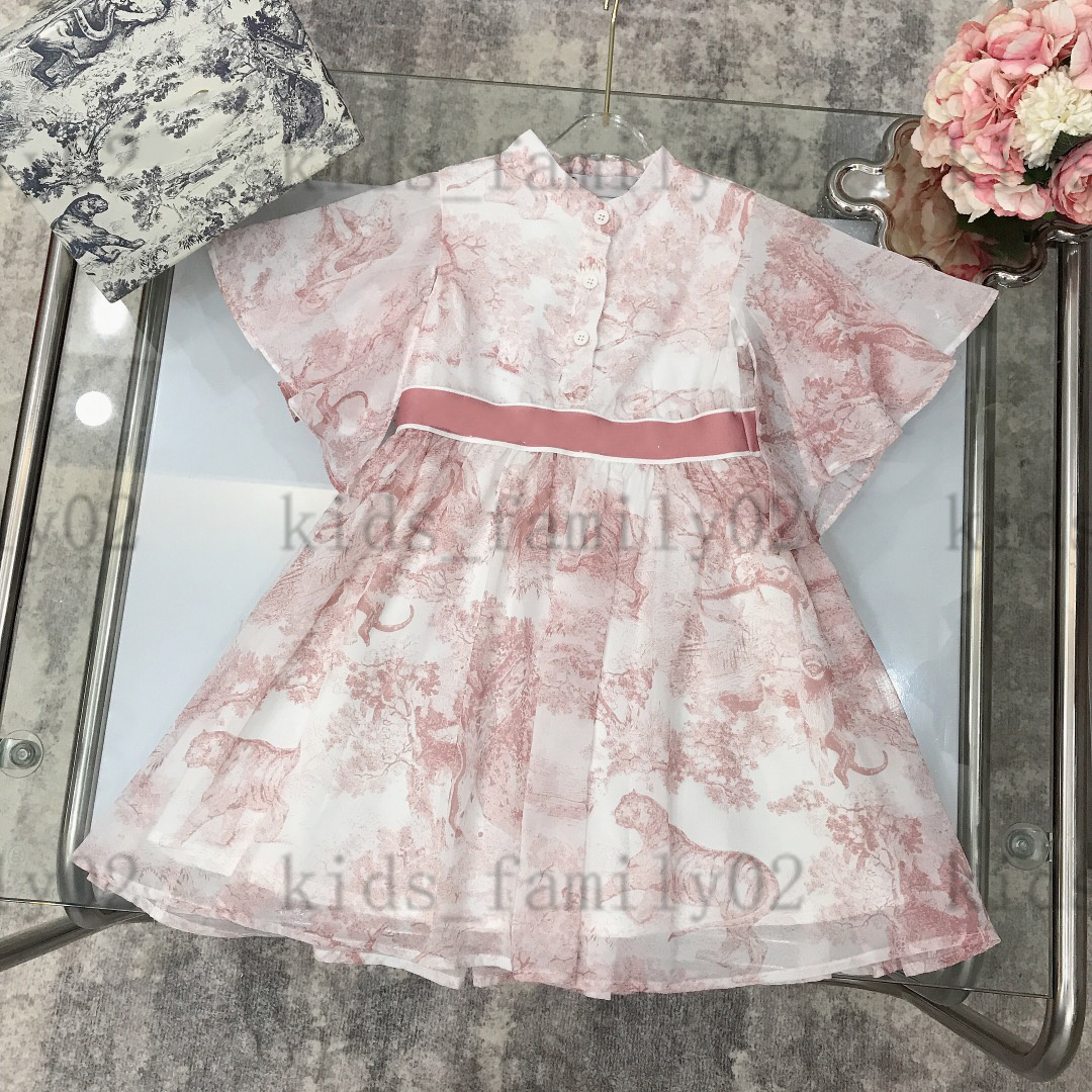 

designer girls Fairy dresses newly princess pleated dress Small stand collar Butterfly sleeves satin stitching skirts Double layer fine mesh temperament dresses, 01