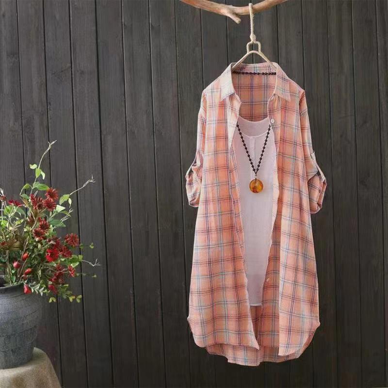 

Women's Blouses & Shirts Spring Fall Women Long Sleeve Plaid Shirt Blouse Casual Oversized Loose Orange Button-up Lapel Female Blusas TopsWo