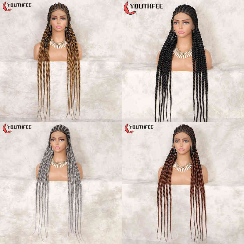 

Hair Synthetic Wigs Cosplay Youthfee Full Head Lace Braided Wigs 36" Cornrow Box Braids Wig with Baby Hair for Black Women Synthetic Front 220225, T1b-27