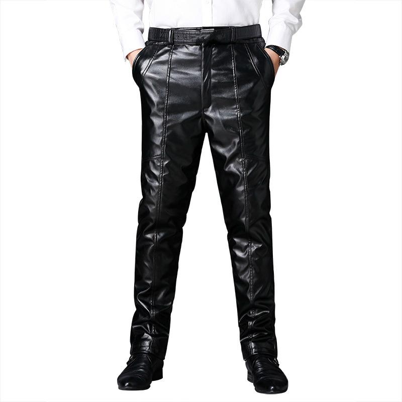 

Men's Pants Mens Velvet Motorcycle PULeather Men Waist And Knee Pads Double-layer Thick Leather Pant Man Clothes TrousersMen's, Lamb hair lining