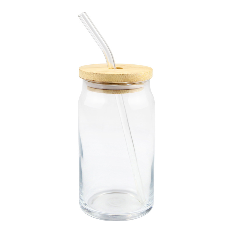 

12oz 16oz Sublimation Glass Beer Mugs Blanks Frosted Clear Cola Can Mason Jar with Bamboo lid and straw