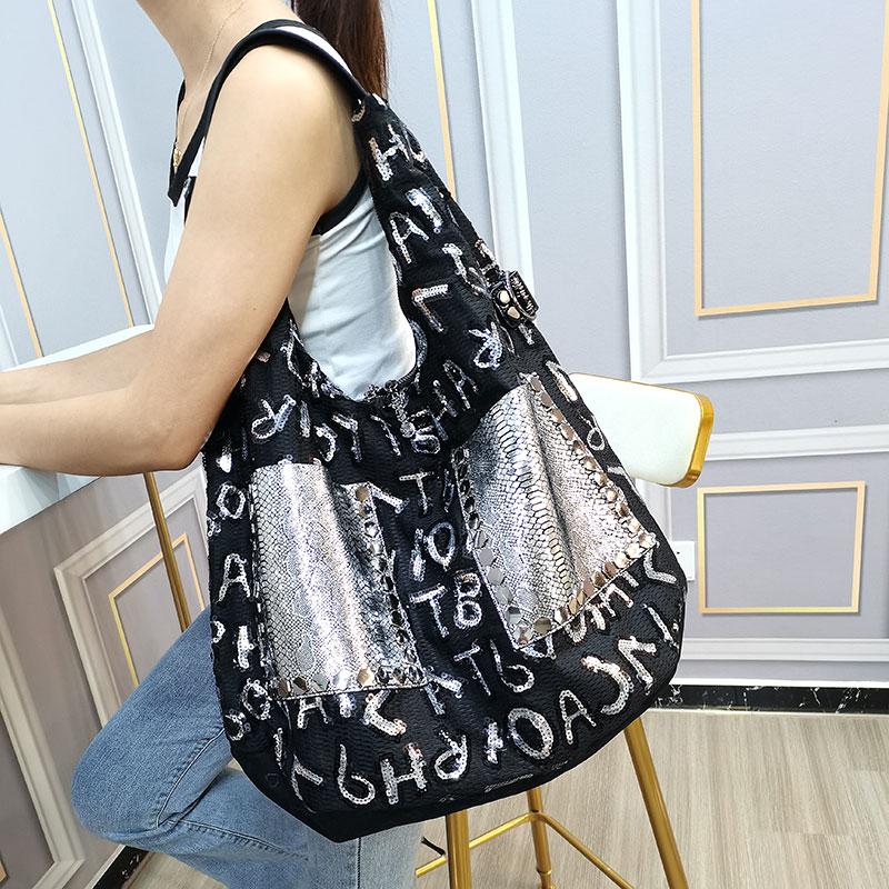 

Evening Bags Large Size 48cm Shopper Bag Ita Shining Sequines Letter Black Women Handbag Tote Shoulder Bolso Luxury Designer Sac A Main