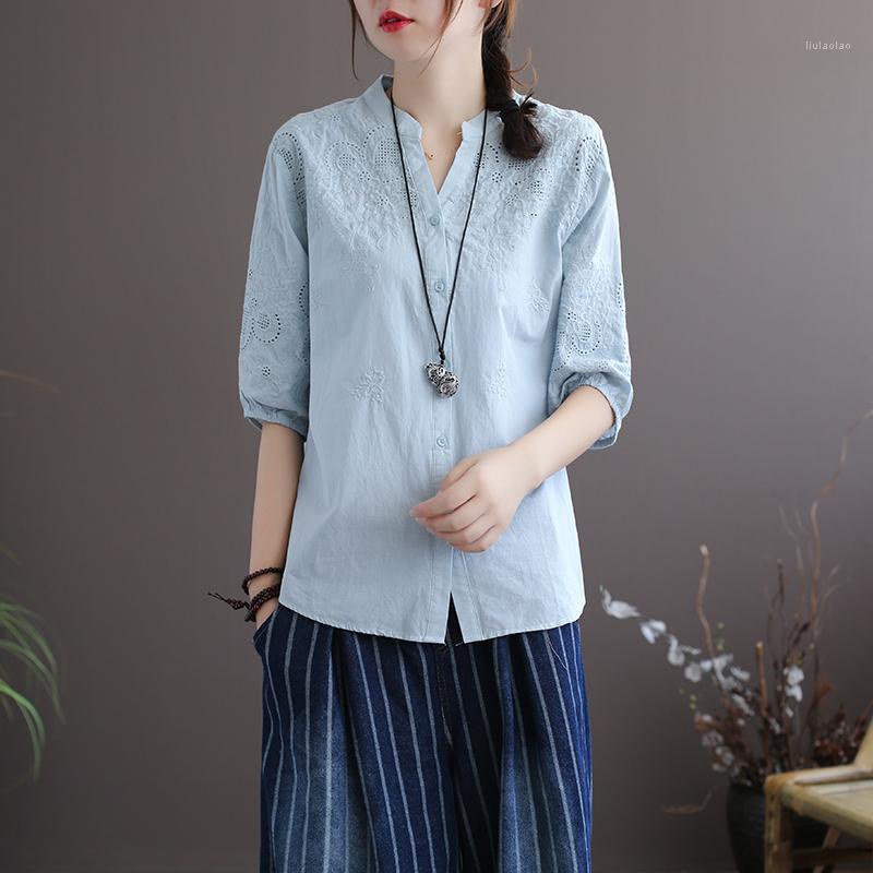 

Women's Blouses & Shirts Mori Girl Literary Embroidery Hollow Out V-Neck Blouse Female Summer Cotton Loose Half Sleeve Shirt Tops, Pink