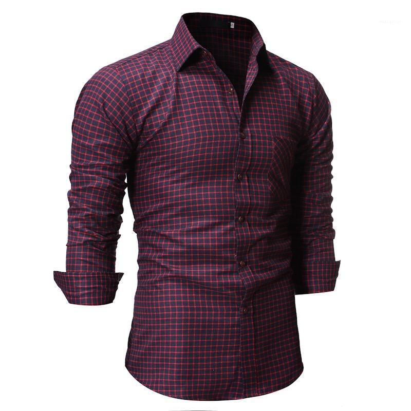 

Men' Casual Shirts European And American Plaid Lapel Long-sleeved Shirt Pocket Decorative Design Thickening Slim Type