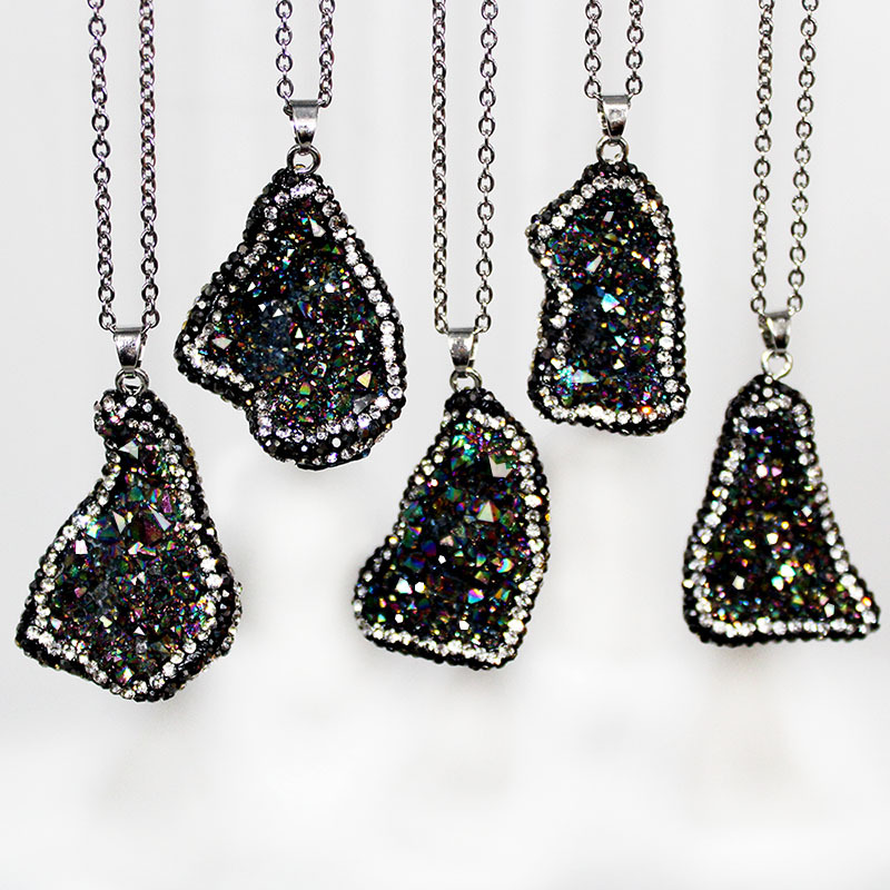 

Agate crystal cluster pendant necklace irregular natural stone point diamond necklace pendant colorful crystal diy necklace jewelry