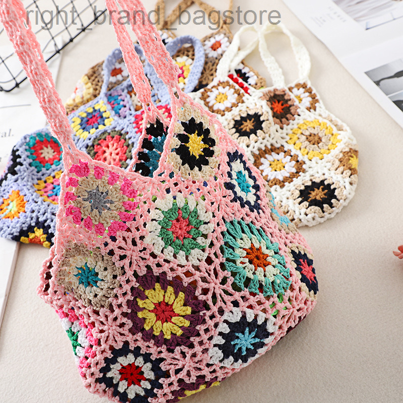 

Designer Soft Knitting Shoulder Bags for Women 2022 Bohemian Flower Crochet Tote Hollow Woven Handbags and Purses Shopper Bags W220813, Pink