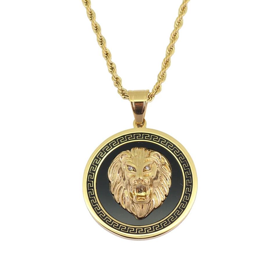 

hip hop lion head round pendant necklaces for men western animal luxury necklace Stainless steel Cuban chains dog tag jewelry 337j