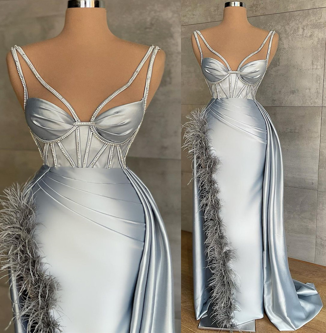 

2022 Plus Size Arabic Aso Ebi Silver Luxurious Sheath Prom Dresses Beaded Feather Evening Formal Party Second Reception Birthday Engagement Gowns Dress ZJ875